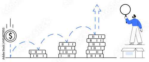 Stacks of coins increasing in size, bouncing arrows suggesting progress, and a man analyzing with a magnifying tool. Ideal for finance, investment, growth strategy, business planning, data analysis