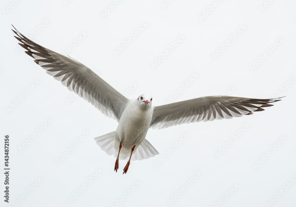 Obraz premium A seagull soars through the sky with its wings spread wide against a bright white background above feet down