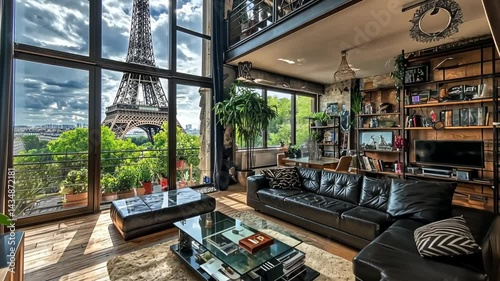 Modern living room with a view of the Eiffel Tower showcasing stylish decor and greenery