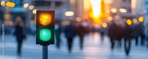 A traffic light displays a green light, guiding pedestrians amidst a bustling city scene with blurred figures and warm sunset tones.