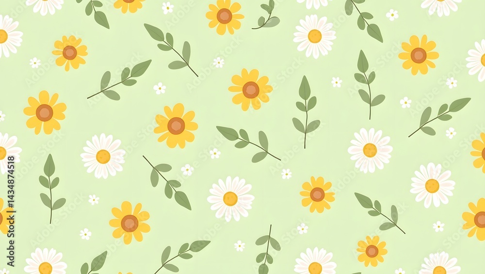 A seamless pattern featuring cheerful white daisies, yellow sunflowers, and small white flowers with green leaves A seamless pattern featuring cheerful white daisies, yellow sunflowers, and small white flowers with green leaves
