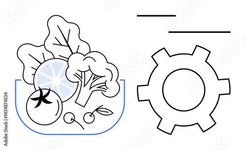 Bowl of vegetables including tomato, lemon, broccoli, and leafy greens shown beside a gear. Ideal for healthy eating, nutrition education, food tech, system optimization, health apps wellness