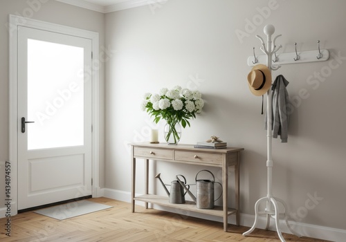 Bright entryway with white door console table flowers and coat rack in a minimalist style home decor