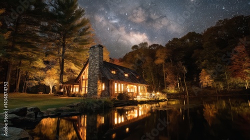 lakeside cottage with stone chimney, golden interior lights creating inviting reflections in the dark water, surrounded by autumn trees under a Milky Way panorama