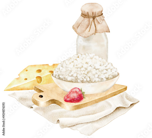 Delicious rustic food with cottage cheese, milk bottle, cheese, and wooden board. Great for farm shops, eco product branding, healthy eating blogs, and rustic lifestyle postcards