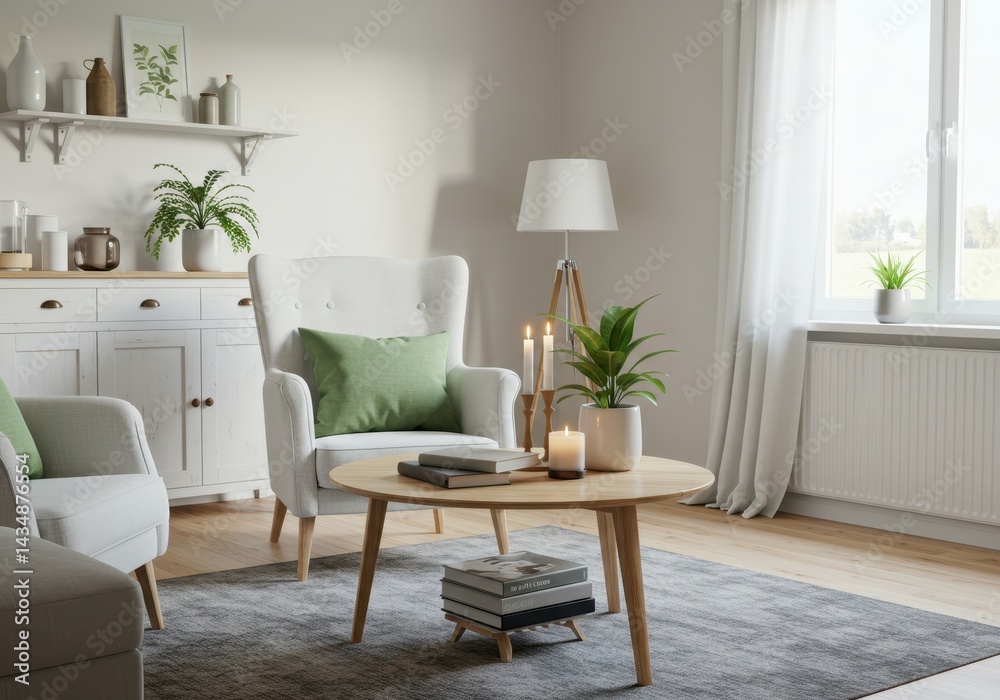 Fototapeta premium Living room interior with white chairs round table and plants creating a cozy atmosphere inside