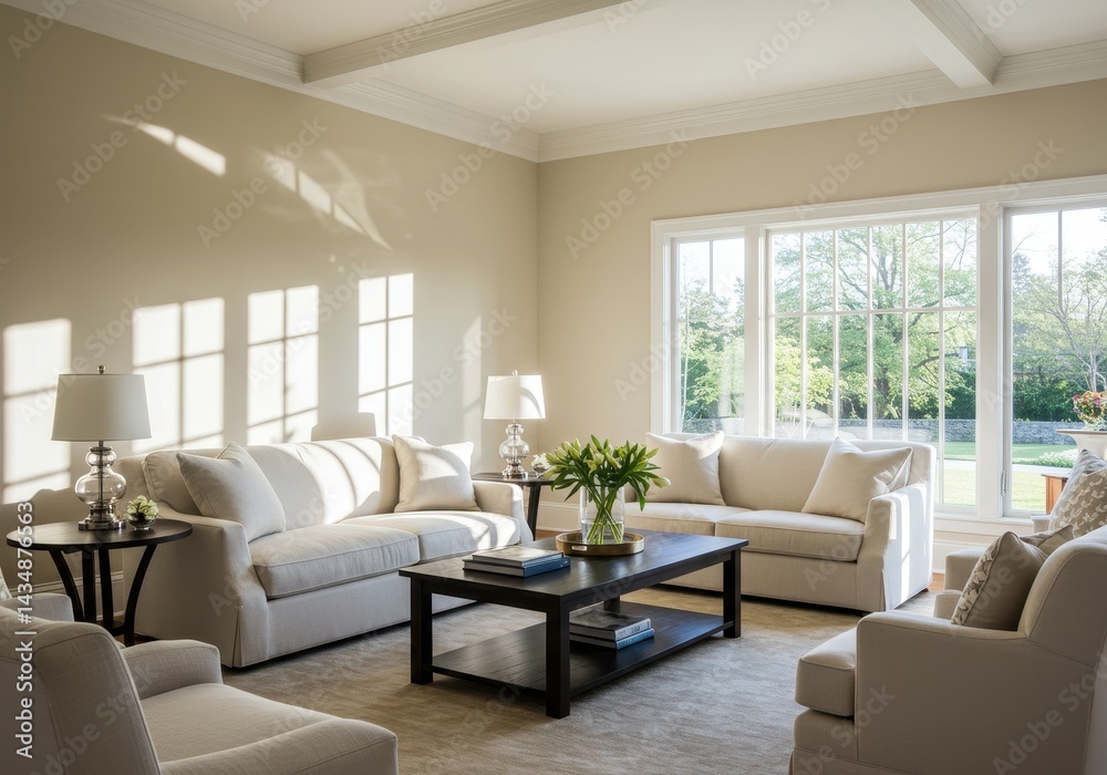 Bright living room with white sofas and a black coffee table near a large window with sunlight 100 Bright living room with white sofas and a black coffee table near a large window with sunlight 100