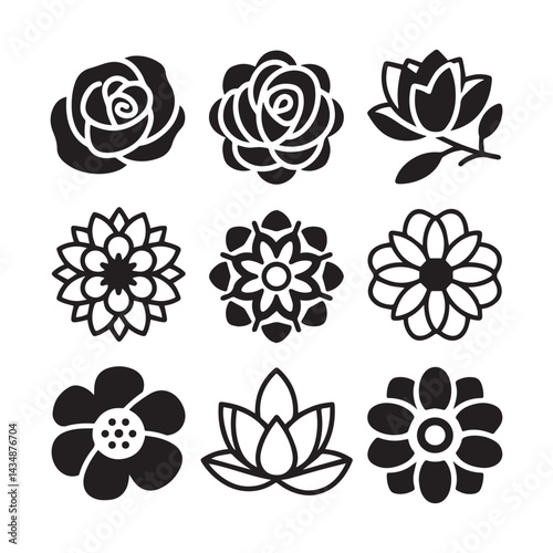 A set of black, different type of simple floral and flower line art mandala icons.