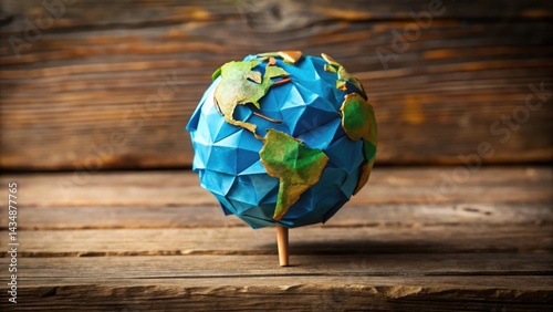 A detailed image of a hand-made origami earth crafted from recycled paper and glued together with a small wooden stick for stability, eco-friendly, decoration