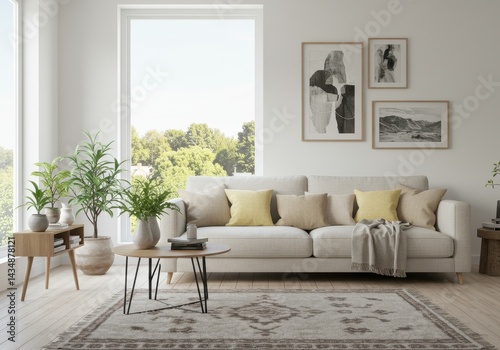 Wallpaper Mural Bright living room with white sofa pillows plants art and large window overlooking greenery Torontodigital.ca