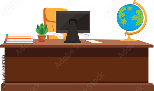 Study Table Front View Desktop Globe And Books Vector