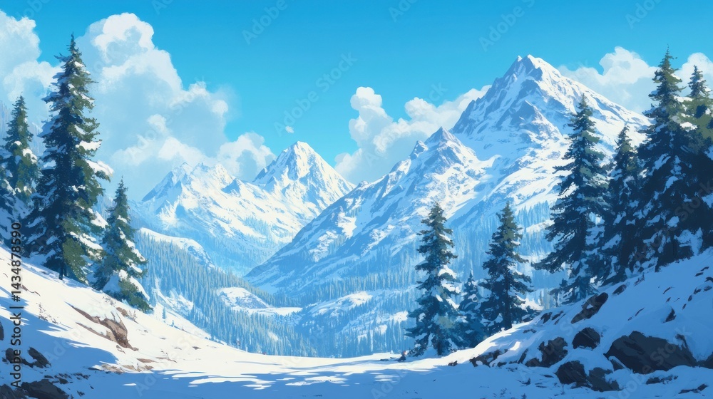 Fototapeta premium Snowy mountain valley landscape, winter sun