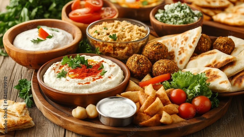 Assorted Middle Eastern appetizers. A variety of flavorful dips, falafel, pita bread, and fresh vegetables Assorted Middle Eastern appetizers. A variety of flavorful dips, falafel, pita bread, and fresh vegetables