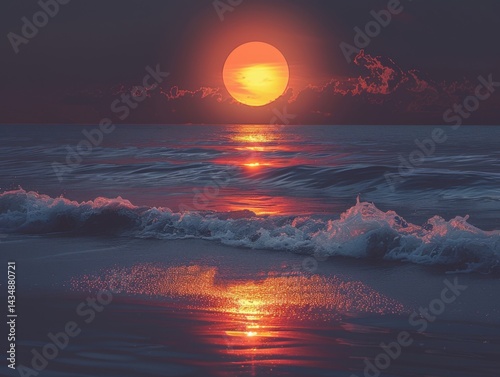 A serene sunset over calm ocean waters, with warm colors reflecting on the waves, creating a tranquil and picturesque scene.