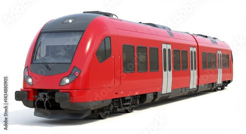A vibrant red passenger train with black accents isolated on a white background in a studio shot