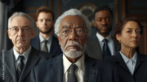 A group of five serious individuals in formal attire, standing closely together, conveying a sense of authority and determination.