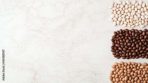 A visually appealing arrangement of various types of beans on a marble surface, showcasing their different colors and textures.