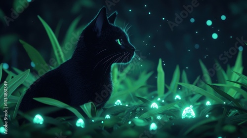 A mystical black cat is gazing curiously among glowing plants in a dark, enchanting environment.