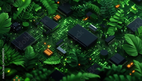 A vibrant fusion of technology and nature, featuring circuit boards intertwined with lush green foliage, symbolizing the harmony between innovation and the environment.