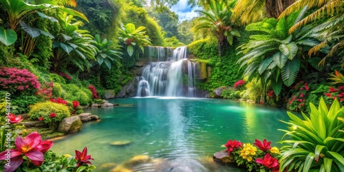 Lush greenery surrounded by vibrant tropical flowers and a serene waterfall cascading into a tranquil pool , flowers, oasis