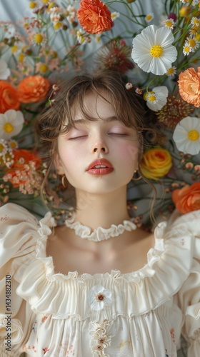 A serene portrait of a young woman surrounded by vibrant flowers, exuding a dreamy and ethereal vibe.