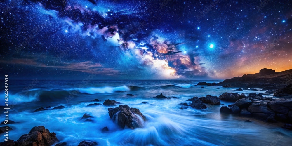 Fototapeta premium Dark blue ocean waves gently lapping against a rocky coastline at night under a star-filled sky with vibrant colors and sparkling stars, celestial, vibrant