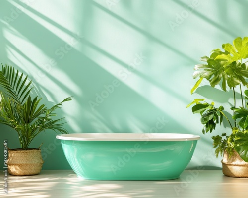 A serene bathroom scene featuring a light teal bathtub surrounded by lush green plants and soft shadows on a pastel wall.