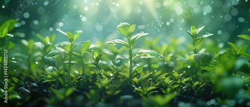 Lush green seedlings glisten with dew under soft light, creating a serene atmosphere in a vibrant, nature-filled setting.
