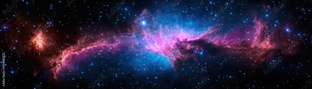 Naklejka premium A vibrant cosmic nebula filled with swirling colors of pink and blue, surrounded by countless stars, showcasing the beauty of the universe.