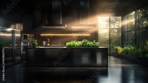 A modern kitchen featuring sleek black cabinetry, abundant natural light, and lush greenery, creating a vibrant and inviting cooking space.