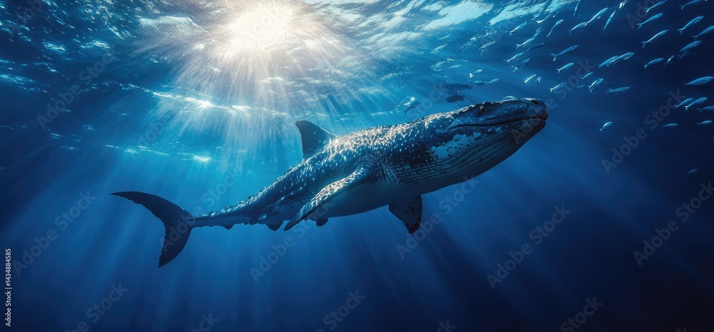 Fototapeta premium Humpback whale swimming in ocean sunlight underwater marine life