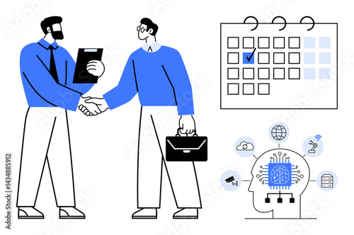 Wallpaper Mural Two professionals shaking hands in agreement beside a marked calendar and AI technology icons. Ideal for teamwork, business planning, AI integration, collaboration, partnerships, goal setting Torontodigital.ca