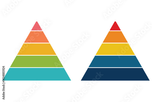 Colorful pyramid chart infographic with segmented levels, hierarchy structure, business data visualization, strategy planning, and marketing concept. Levels of triangular pyramid. Triangle pyramid.
