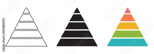 Colorful pyramid chart infographic with segmented levels, hierarchy structure, business data visualization, strategy planning, and marketing concept. Levels of triangular pyramid. Triangle pyramid.