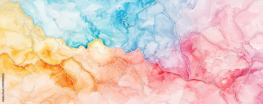 Obraz premium A vibrant abstract watercolor artwork featuring blended hues of blue, yellow, pink, and orange, showcasing fluid shapes and textures.