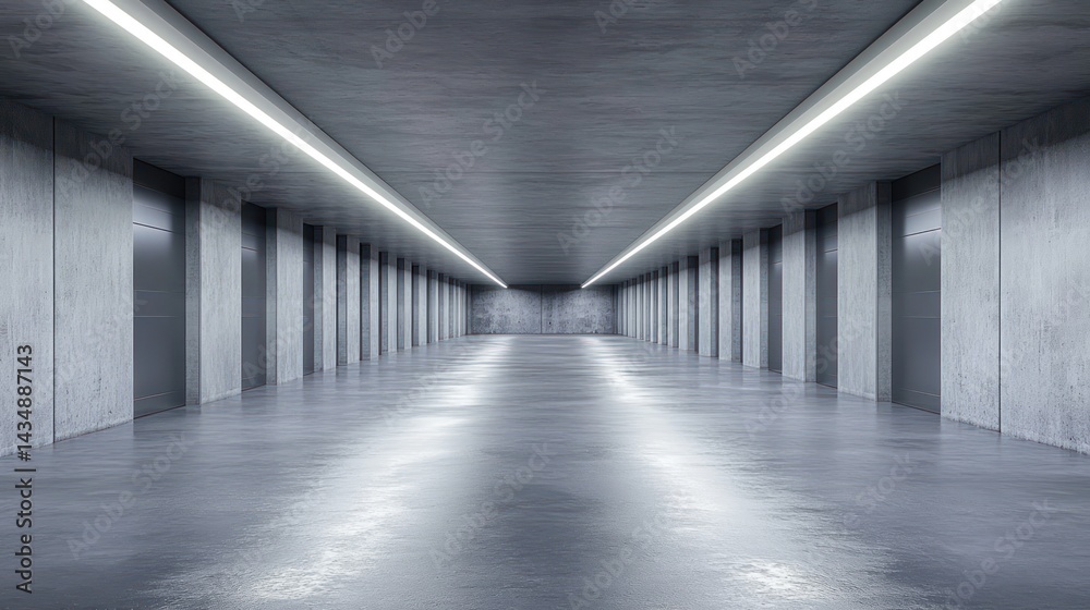 Obraz premium Modern concrete hallway, glowing lights, storage, architecture