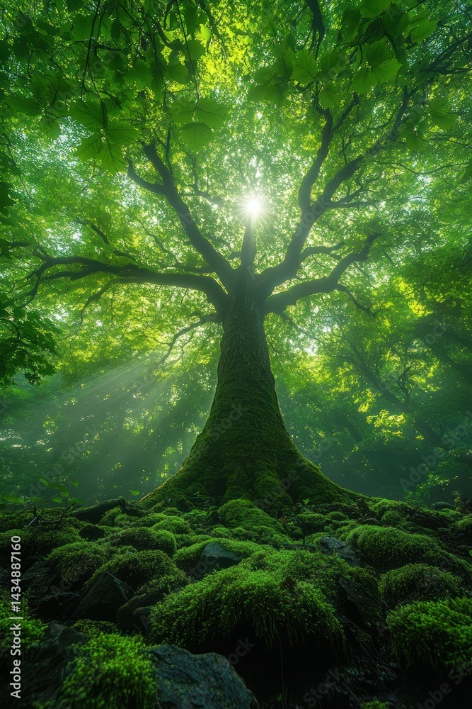 Fototapeta premium Majestic Forest Tree with Sunlight Rays.