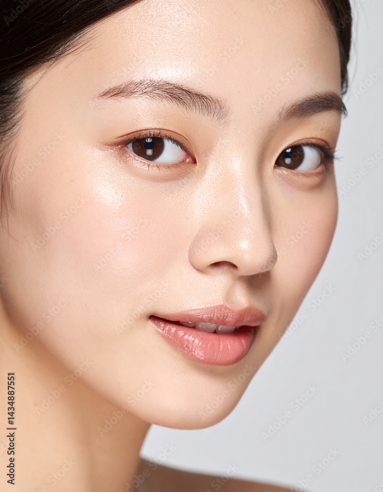 Obraz premium 日本人, 超リアル, 美しい, 若い女性, 顔, クローズアップ, 欠点のない肌, 輝く肌質, ナチュラルメイク, 柔らかなライティング, 美容CM風, シネマティック, カメラ目線, 高解像度,Japanese, ultra-realistic, beautiful, young woman, face, close-up, flawless skin, glowing complexion