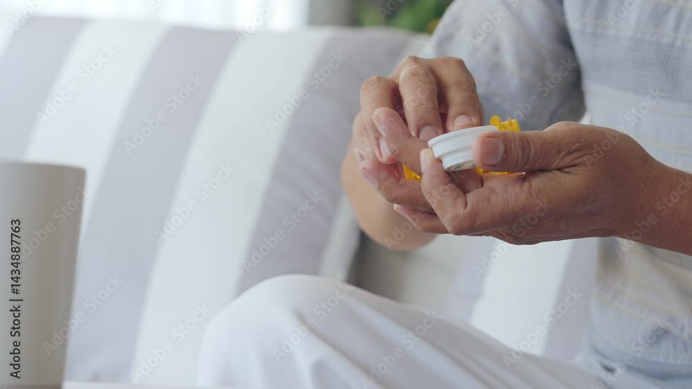 Elderly Asian man is taking medicine to treat her illness and health problems