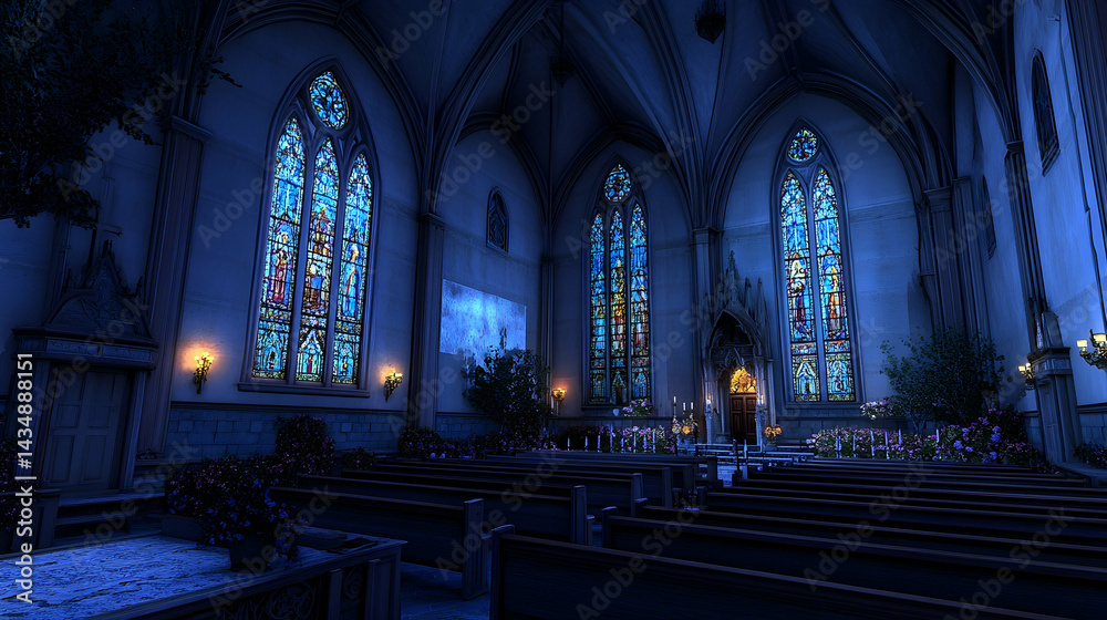 Fototapeta premium Serene twilight ambiance in a majestic Gothic church. Stained glass windows illuminate the pews, creating a peaceful, spiritual atmosphere.
