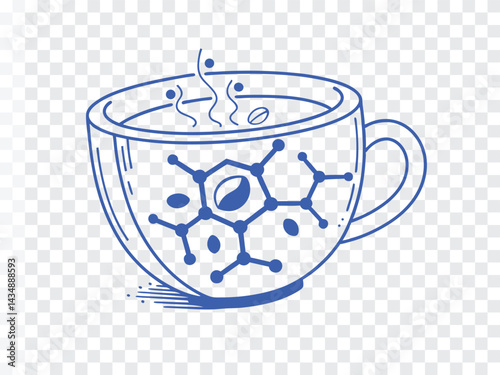 Creative line art of a steaming coffee cup with molecular design and coffee bean elements, scientific caffeine concept illustration for branding, science projects, or beverage graphics.