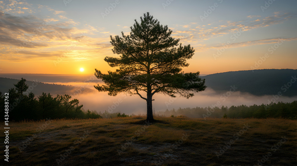 Fototapeta premium Serene sunrise over misty valley, single pine tree silhouetted against vibrant sky. Peaceful landscape photography.