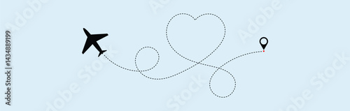plane symbol with dotted line route. design for travel, honeymoon, holiday. transparent . Hearted plane path drawing. Vector illustration
