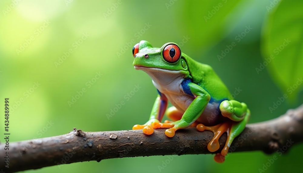 Naklejka premium Green tree frog perched on white, vibrant color , green frog, nature photography