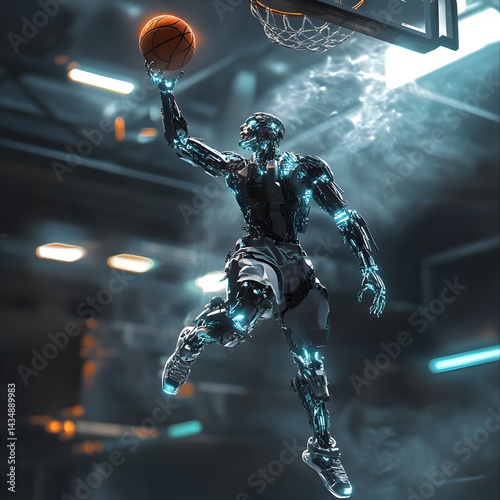 A futuristic robot basketball player dunking