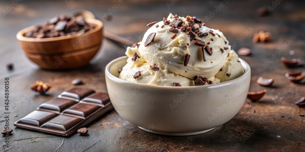Rich creamy stracciatella gelato with shaved dark chocolate on top, dessert, creamy, dessert Rich creamy stracciatella gelato with shaved dark chocolate on top, dessert, creamy, dessert