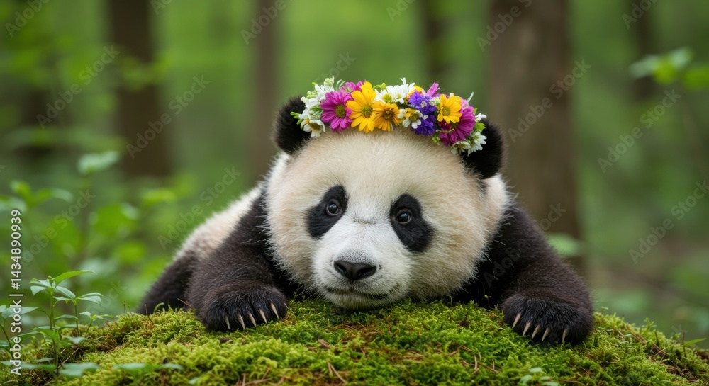Fototapeta premium Cute Baby panda wearing a colorful flower crown lying playfully on green moss in a forest setting.