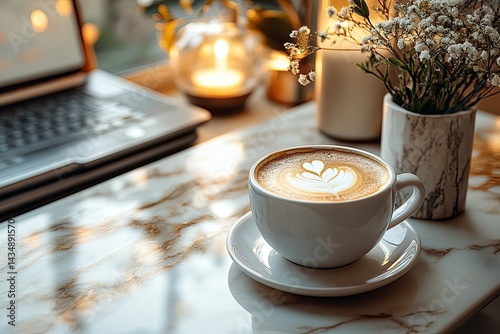 A beautifully presented coffee with flowers and a laptop on a table