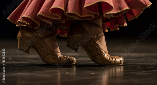 Close-up of dancer’s feet mid-step in traditional flamenco shoes on a wooden floor, cropped artistic angle
