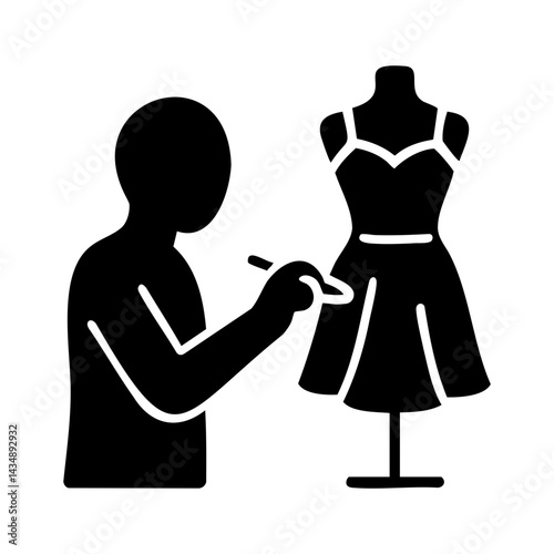 Silhouette icon of a person designing a dress on a mannequin, representing fashion design, tailoring, and clothing creation.